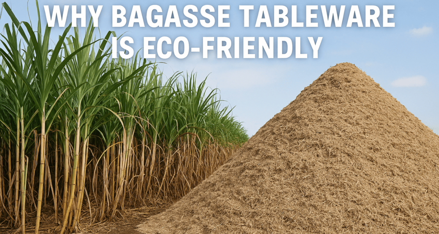 A field of sugarcane next to a pile of bagasse pulp, showing the transformation from plant to raw material