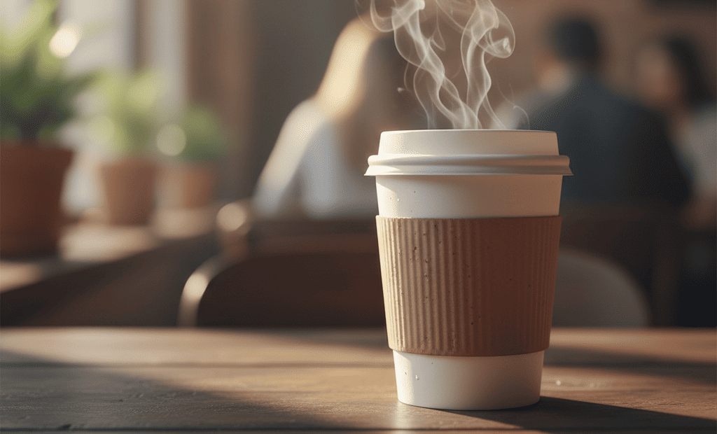 A close-up of a paper coffee cup with steam rising from it