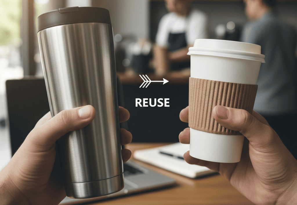 A person holding a reusable stainless steel coffee tumbler next to a disposable paper cup