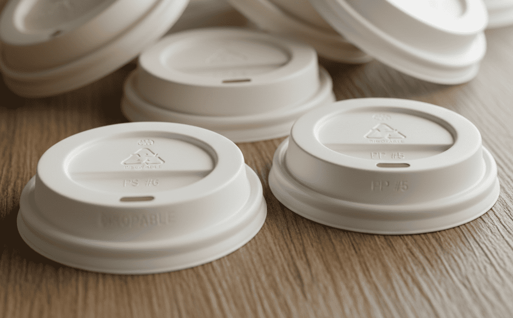 A close-up of different types of coffee cup lids, one labeled PS #6 and another PP #5