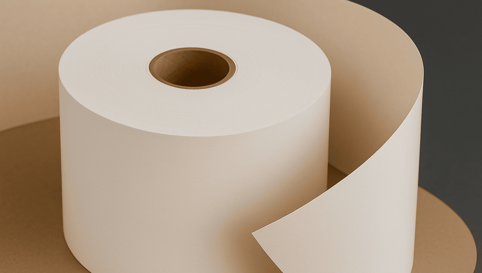 A close-up of a roll of plastic-coated paperboard for making cups
