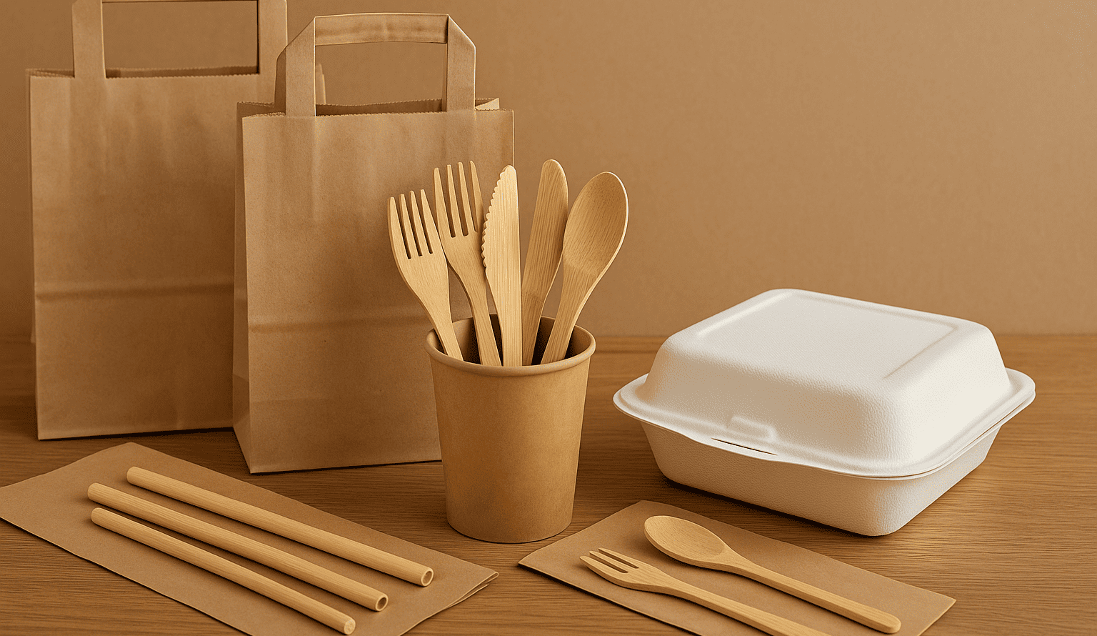 A collection of eco-friendly products like paper bags, bamboo cutlery, and jute totes