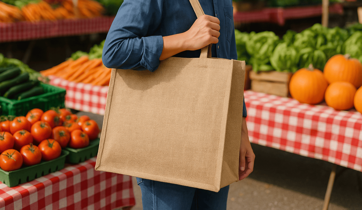 A person using a durable jute tote bag at a farmers market