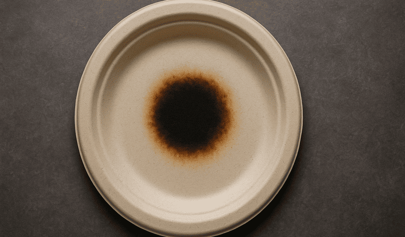 A scorched bagasse plate with a dark spot on it