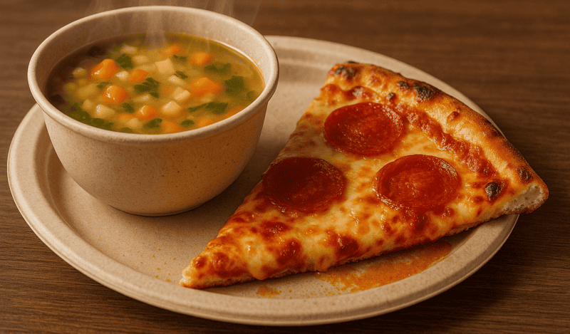 A steamy bowl of soup on a bagasse plate next to a slice of greasy pizza