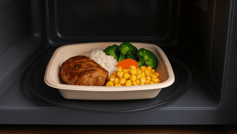 A bagasse plate with food inside a microwave