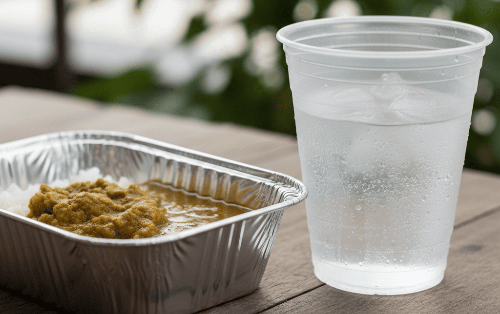 An aluminum food tray next to a clear PLA bioplastic cup