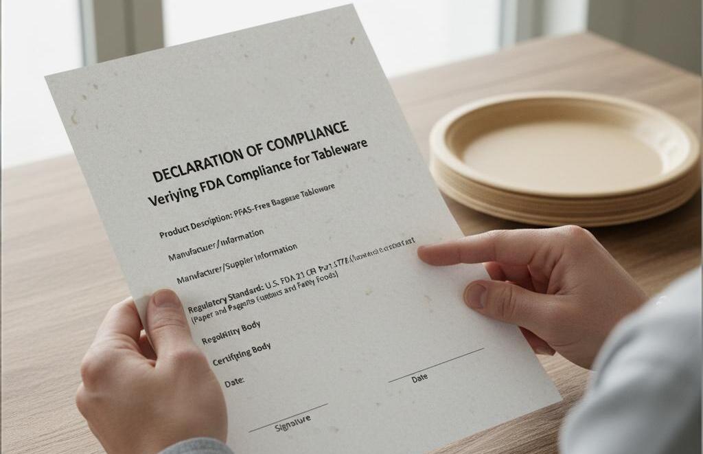 A person examining a Declaration of Compliance document from a bagasse plate supplier