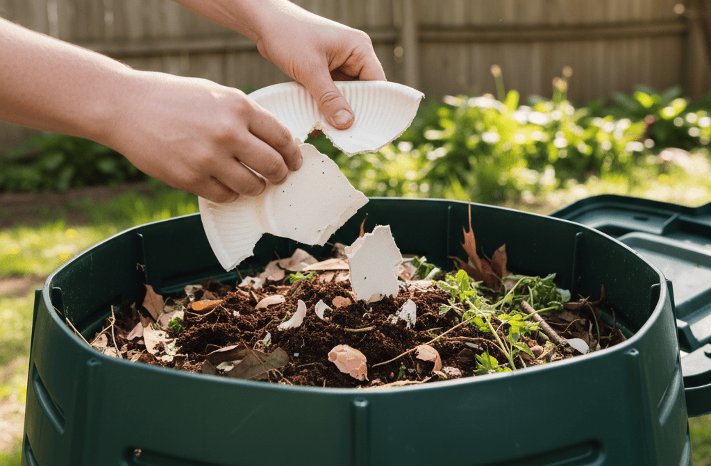 Compostable bagasse and paper food containers breaking down into soil