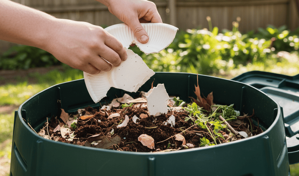 A bagasse plate decomposing in a home compost bin over time