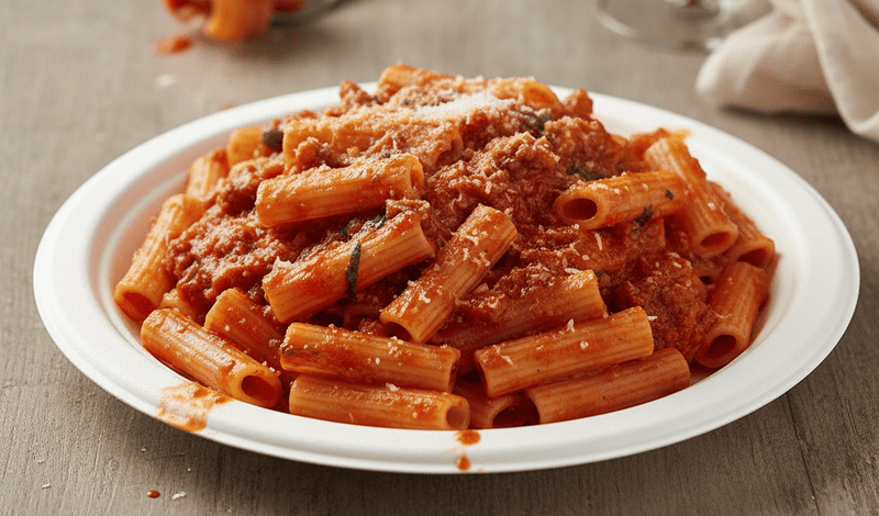 A bagasse plate holding a heavy serving of a saucy pasta dish