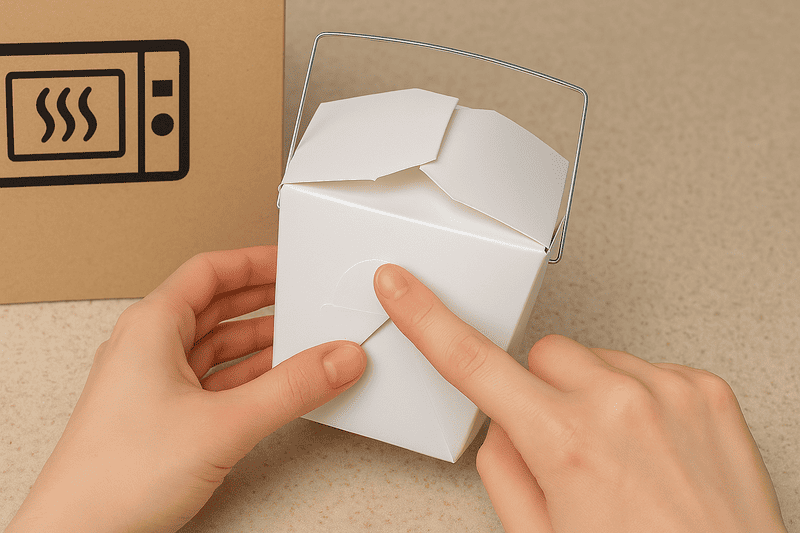A person inspecting a Chinese takeout box and pointing to the metal wire handle