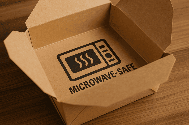 A microwave-safe symbol displayed on the bottom of a paper takeout box