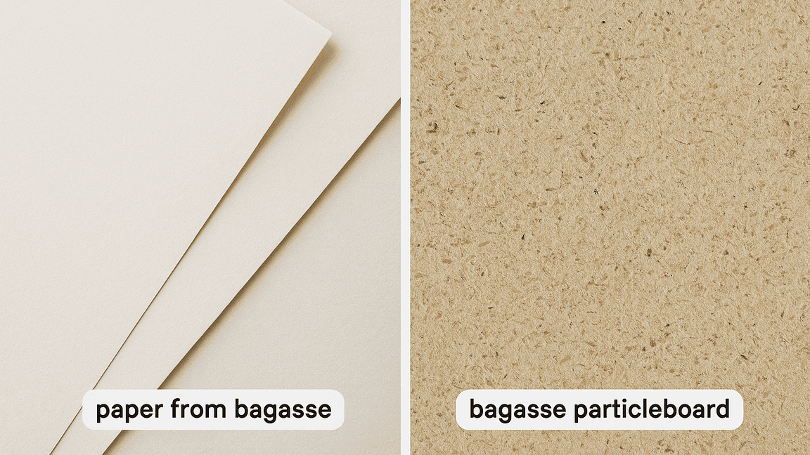 A side-by-side comparison of paper sheets and a construction particleboard, both made from bagasse fiber