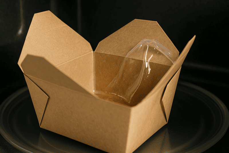 A close-up shot showing the shiny plastic lining inside a paper food container peeling away