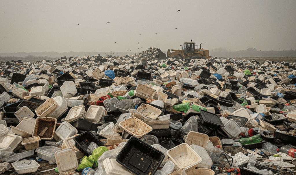 Plastic food containers piled up in a landfill, representing environmental problems