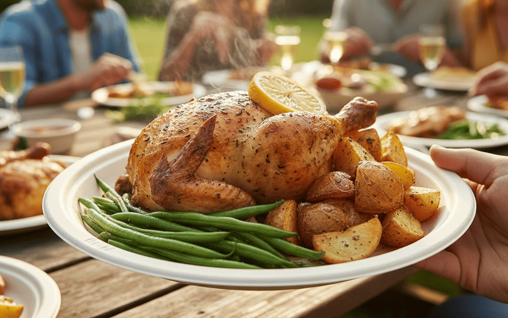 A bagasse plate holding a heavy meal with saucy food, showing no signs of bending or leaking