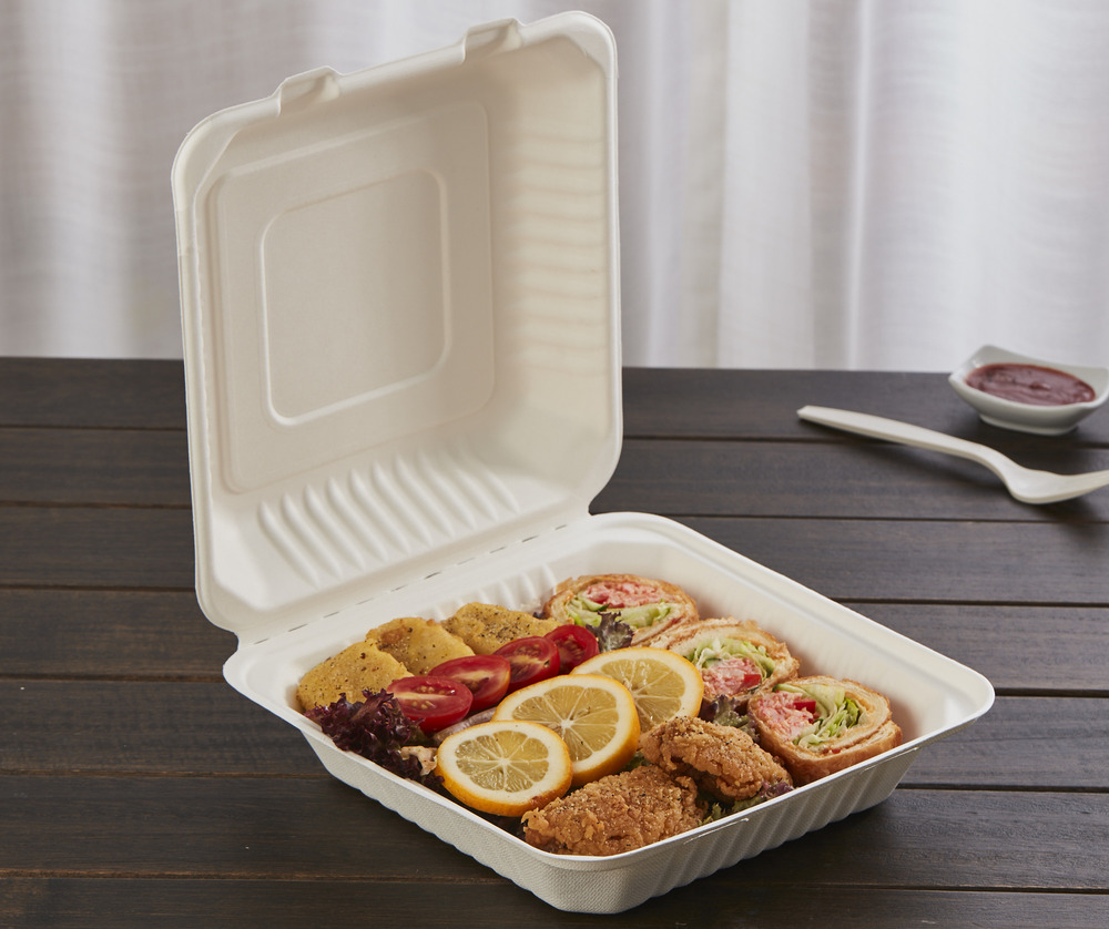 An image contrasting an old foam container with a new, clean bagasse clamshell