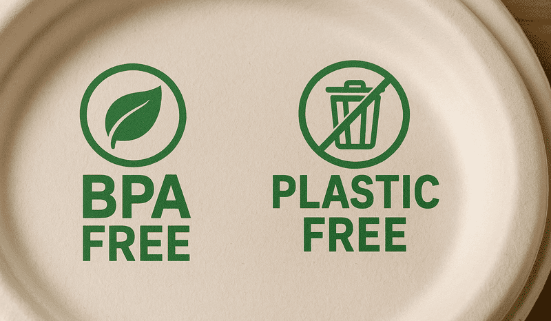 A graphic showing 'BPA Free' and 'Plastic Free' icons on a bagasse plate