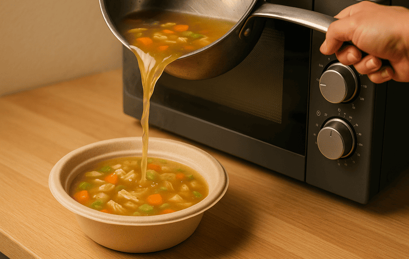 Hot soup being poured into a bagasse bowl next to a microwave