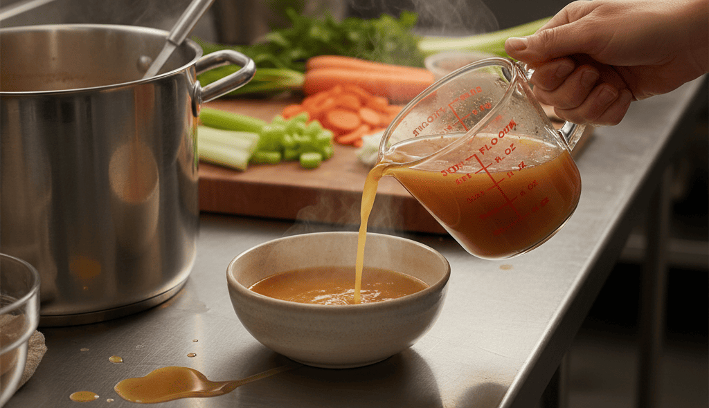 Using a measuring cup to portion soup