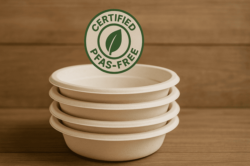 A certified PFAS-Free logo on a stack of bagasse bowls