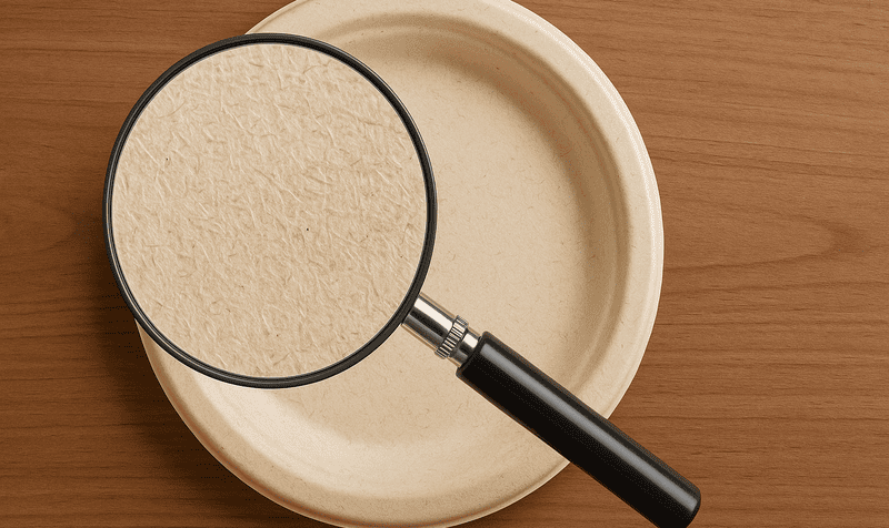 A magnifying glass over a bagasse plate showing natural fibers, not plastic